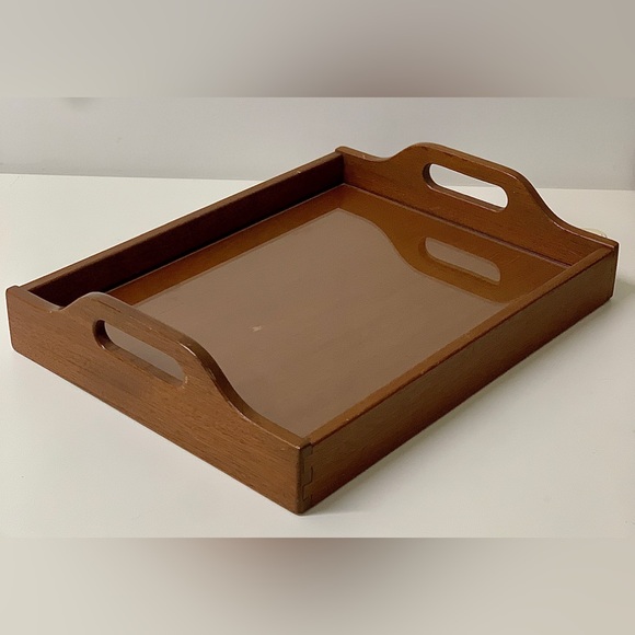 Mid Century Vintage Handled Glass Surface Dovetail Jointed Hardwood Tray - Picture 3 of 16